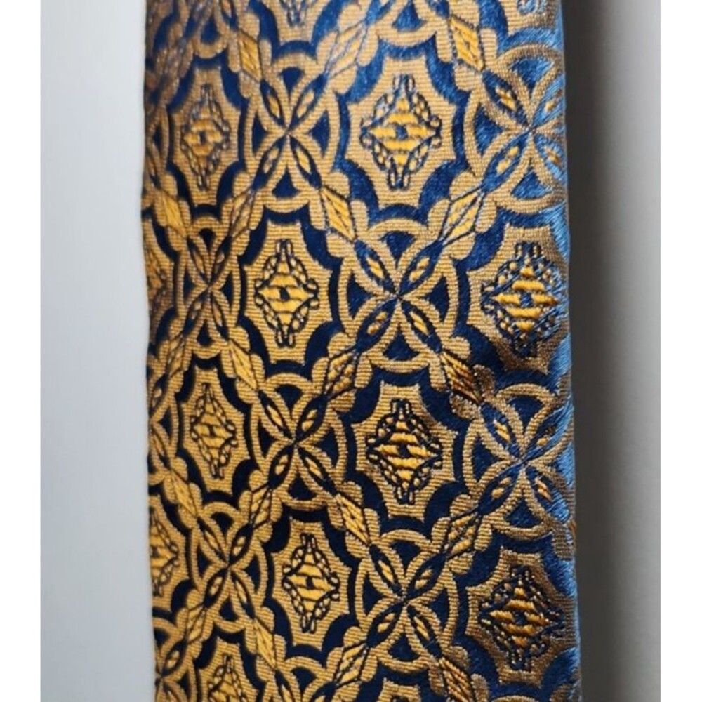 Nino Orsini Designer Silk Tie Blue Gold Plaid Geometric Vintage 50s Mid Century